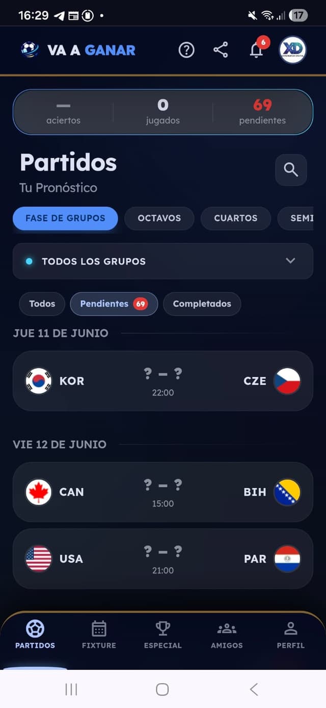 Pantalla de partidos